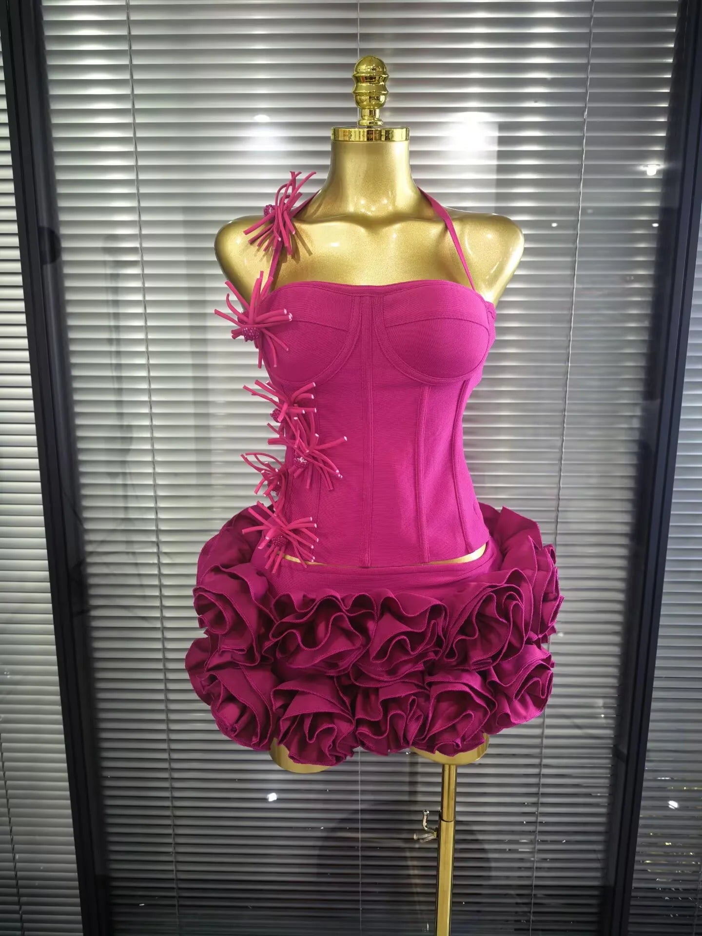 Women Sexy Halter Full Florals 2 Pieces Bodycon Mini Bandage Dress Celebrate Nightclub Party Birthday Outfit