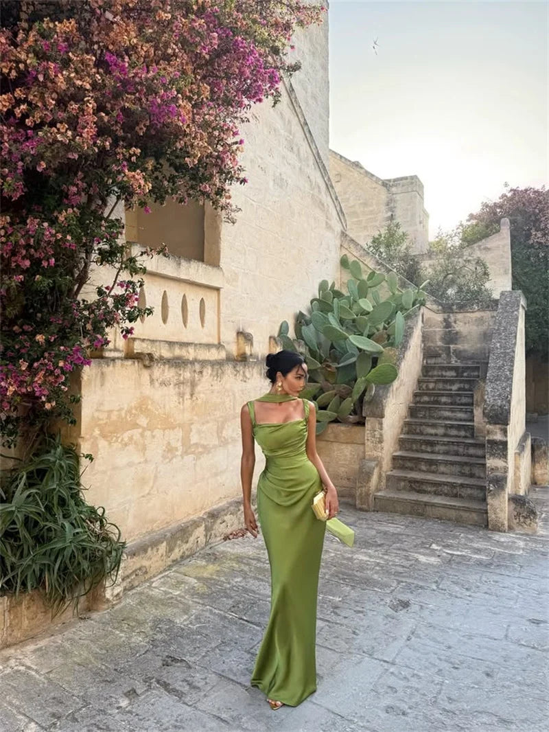 Mozision Satin Backless Sexy Maxi Dress Women Elegant Halter Off-shoulder Sleeveless Lace-up Bodycon Club Party Long Dresses