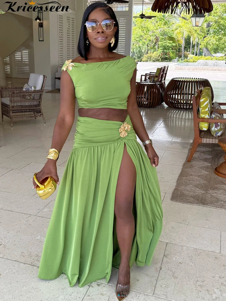 Beyprern Luxury Green Gold Broach Top & Maxi Skirt Set Two-Piece Dress Holiday Outfits Women High Slit Ruched Metal Bubble Dress